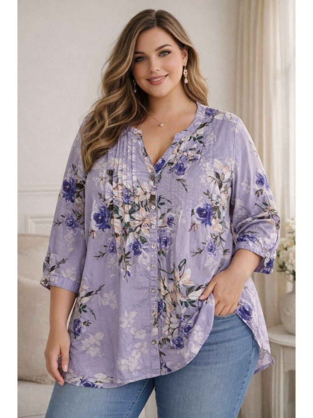 Womens Roamans Plus Sz Pintuck Tunic Blouse Y Neck Roll Tab Sleeves 20w Floral +